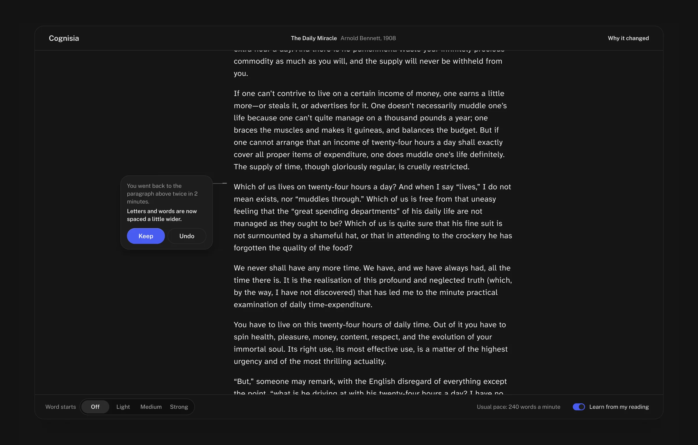 Cognisia as a full-page app: the essay in a centred column, an offer card in the left margin on the reading line with Keep and Undo, and a toolbar with word starts and the Learn from my reading switch, on.