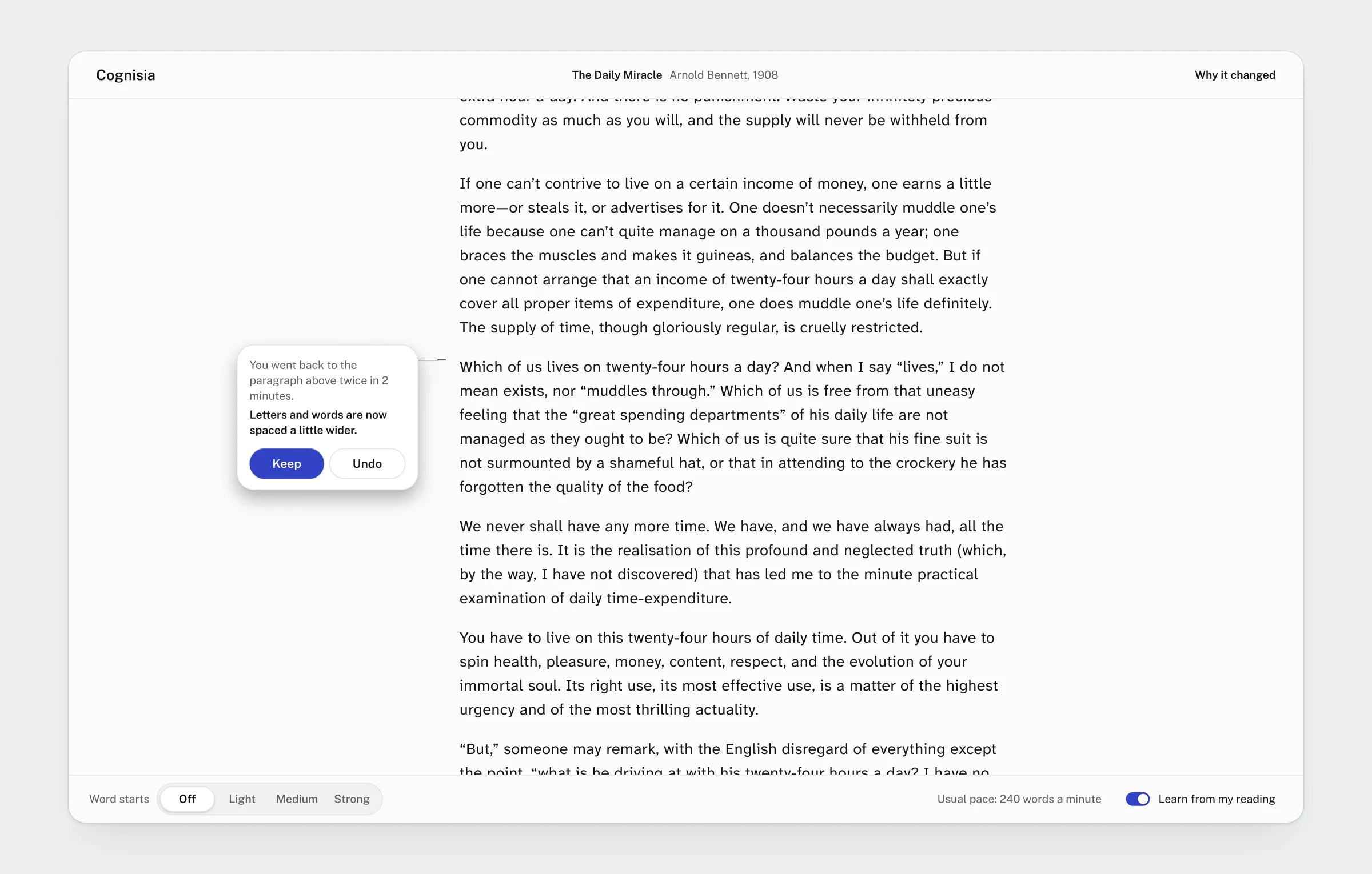 Cognisia as a full-page app: the essay in a centred column, an offer card in the left margin on the reading line with Keep and Undo, and a toolbar with word starts and the Learn from my reading switch, on.