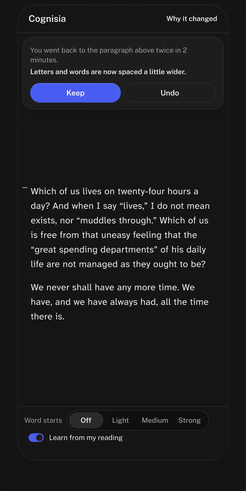 A phone screen: the essay, with the offer floating over the text already read: what you did, what changed, Keep and Undo. Below, word starts as a pill control and the Learn from my reading switch, on.