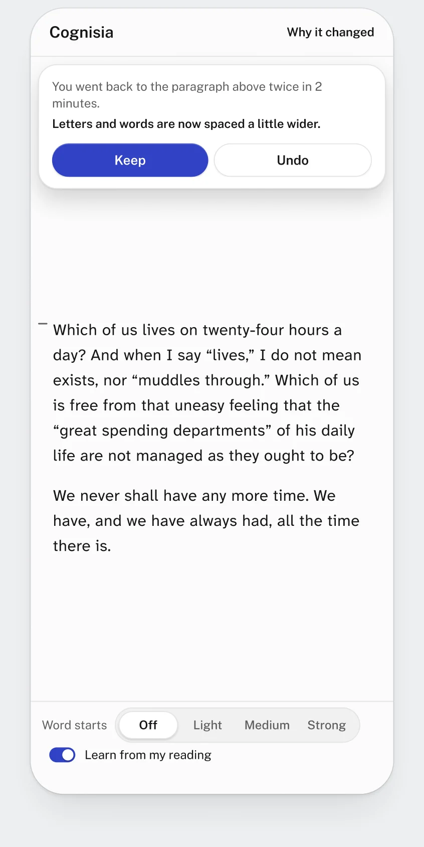 A phone screen: the essay, with the offer floating over the text already read: what you did, what changed, Keep and Undo. Below, word starts as a pill control and the Learn from my reading switch, on.