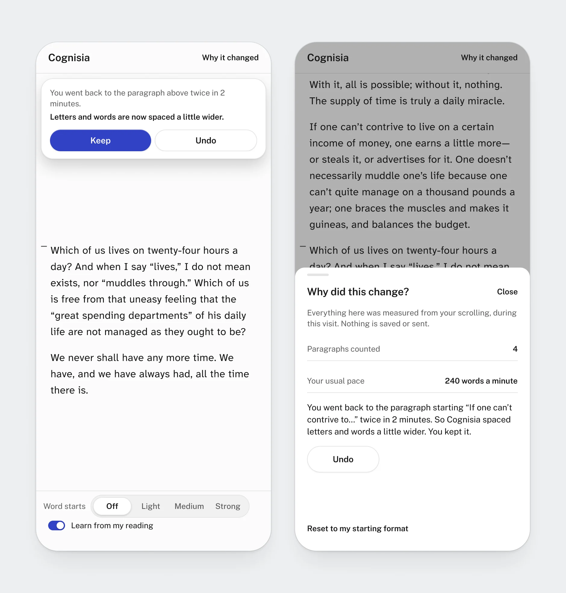 Two phone screens. Left: the essay, with the offer floating over the text already read: what you did, what changed, Keep and Undo. Right: a sheet titled Why did this change?, with paragraphs counted, your usual pace, the change explained, Undo, and Reset to my starting format.