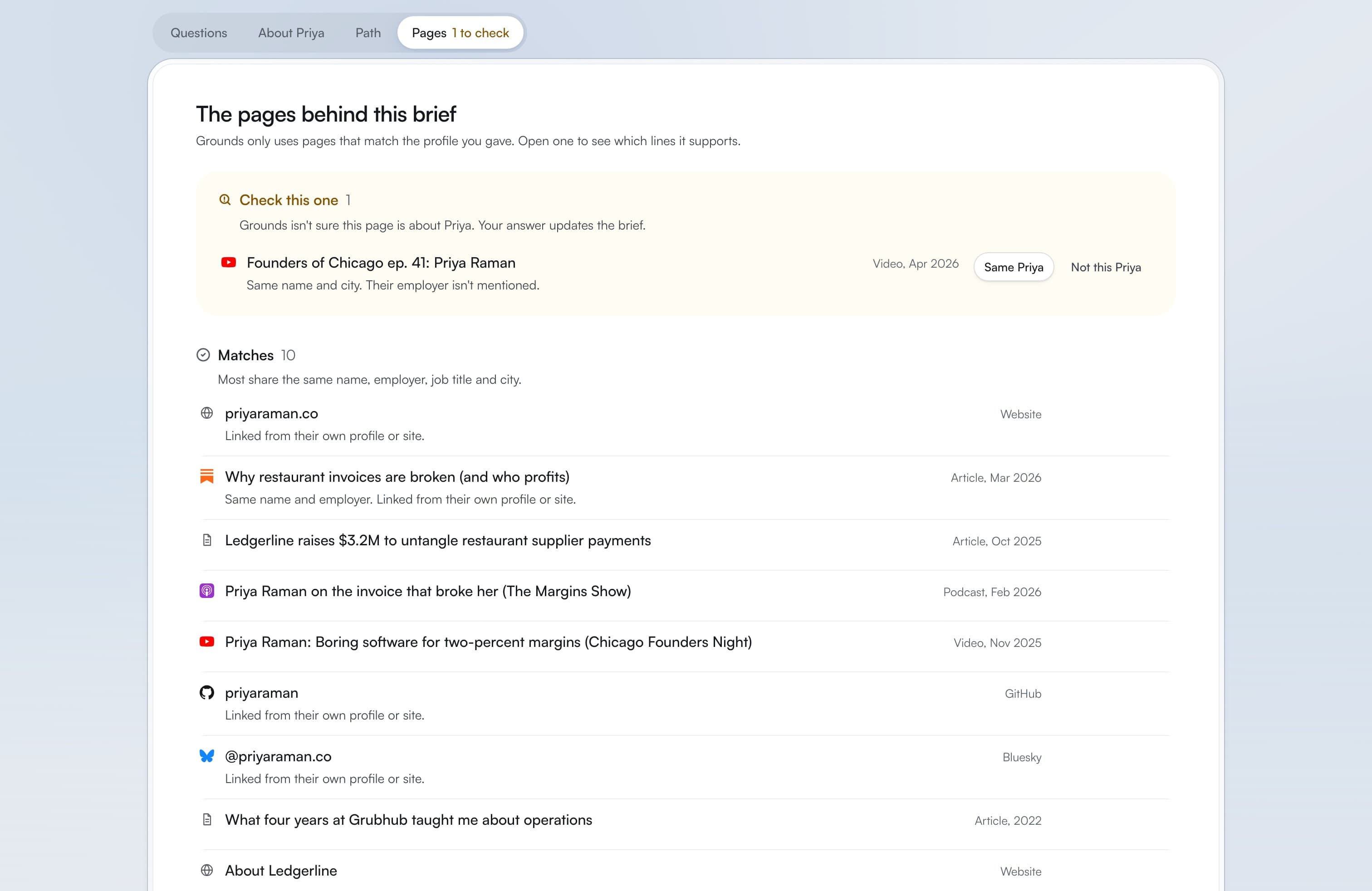 The redesigned brief’s Pages tab on a laptop: one page to check in an amber card with Same Priya and Not this Priya, then ten matches with their reasons in words.