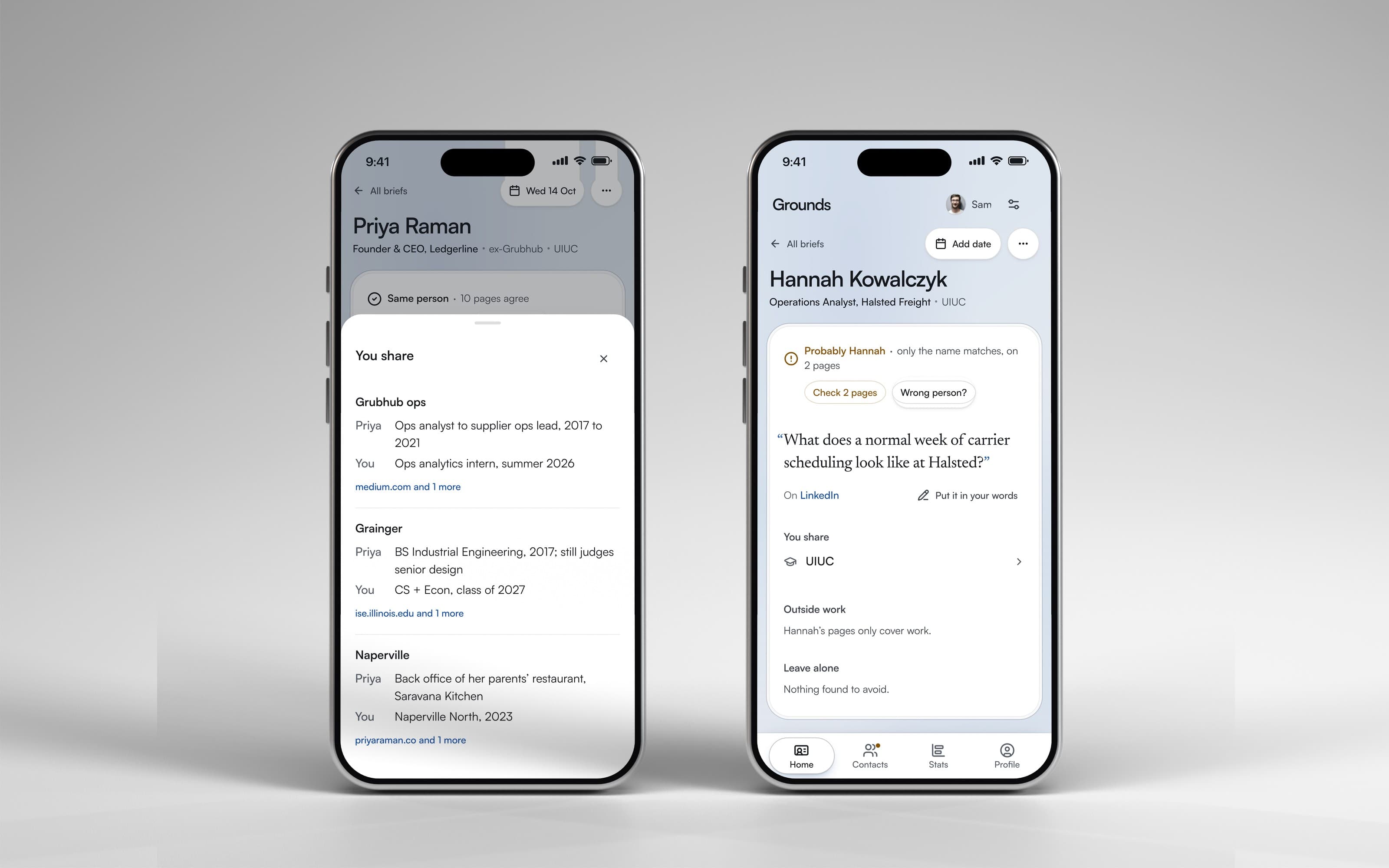 Two phones. Left, a sheet slid up over Priya’s brief listing what you share: Grubhub ops, Grainger and Naperville, her side and yours for each. Right, a thin brief for Hannah: Probably Hannah in amber, one opening line, one thing you share, and nothing outside work.