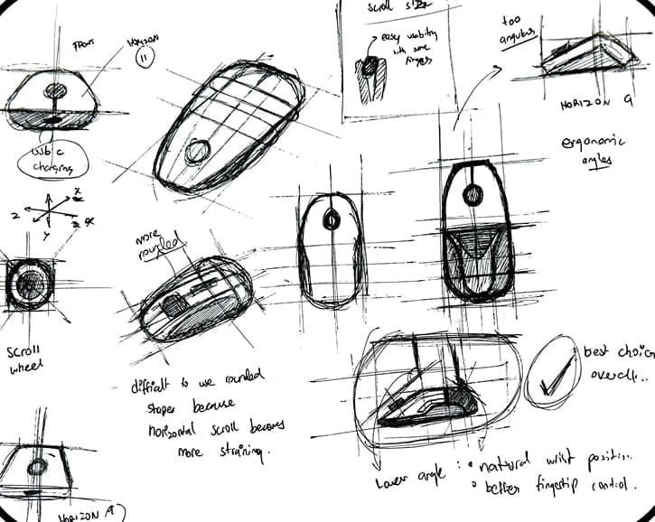 Ink sketch sheet with front, top and perspective views, a scroll-wheel detail with X, Y and Z axes, and handwritten notes on shell angles.