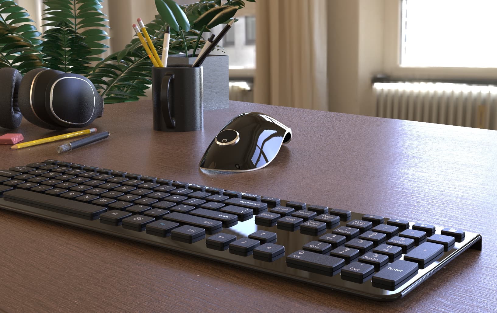 Model 11, a glossy black mouse with a ringed puck, on a dark wood desk behind a black keyboard, with headphones, a mug of pencils, a plant and a sunlit window behind.