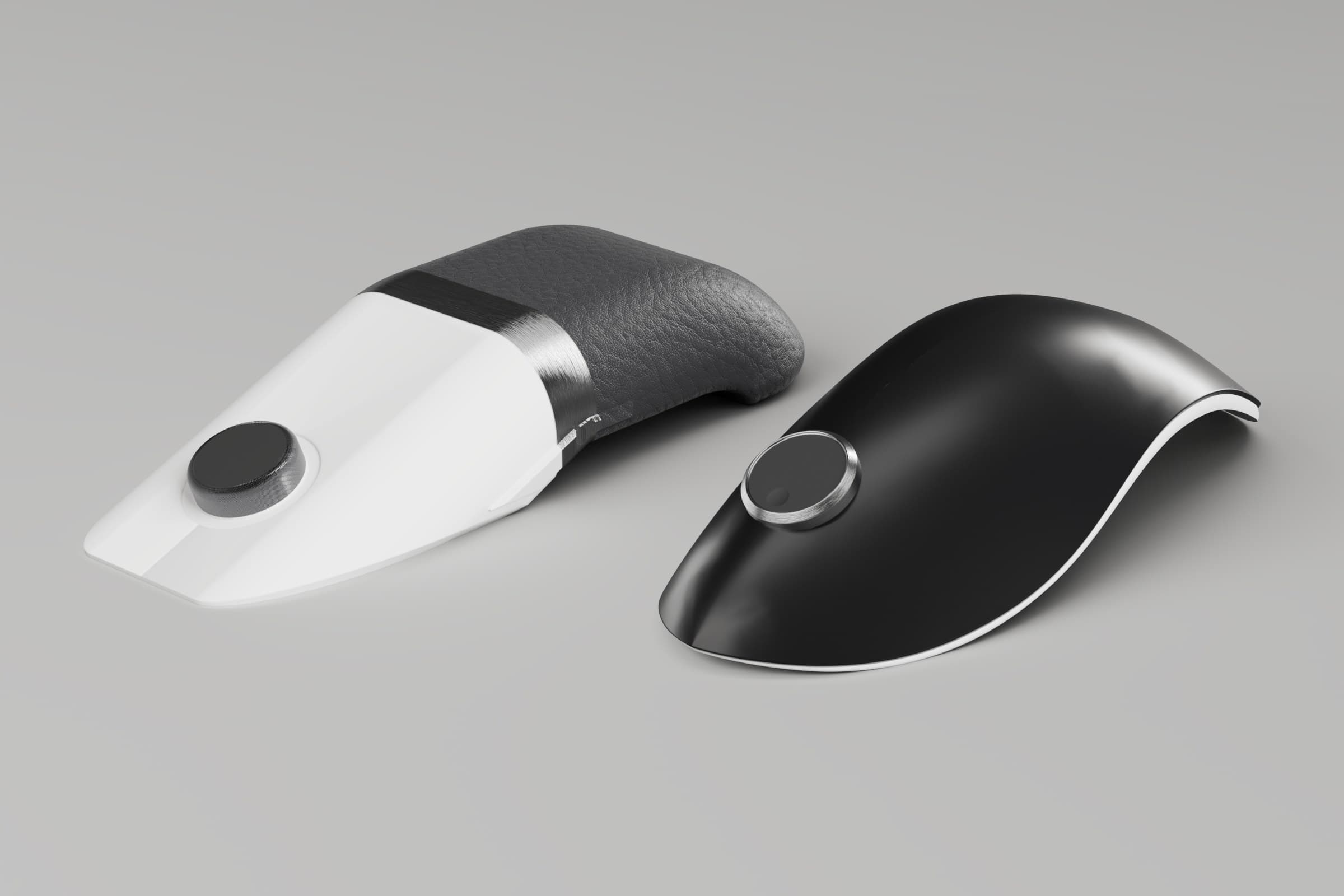 Models 9 and 11 side by side at the same scale: Model 9 with a satin white front, brushed band and pebbled leather rear, and Model 11, a single semi-gloss black shell with a brushed aluminium puck ring.